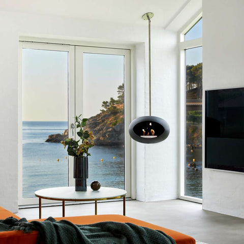 Floating Le Feu fireplace in beach house