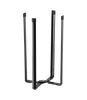 Black metal display stand with four upright legs and a triangular base, shown on a plain white background.