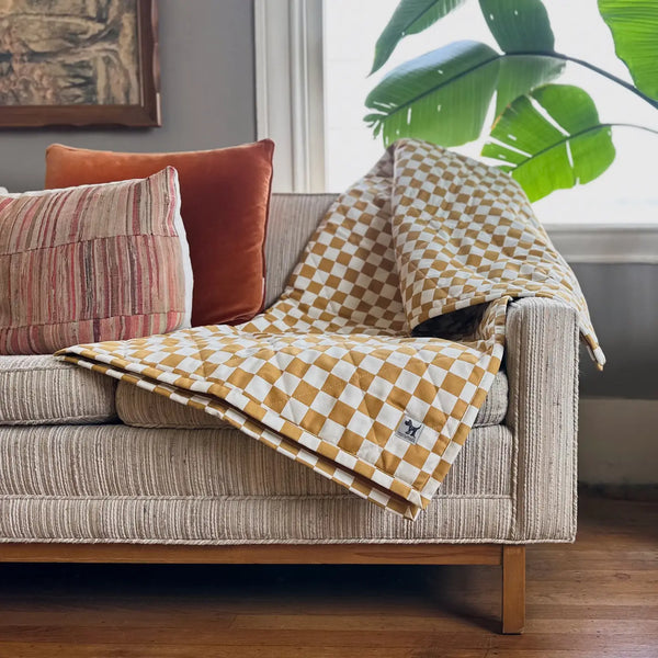 Checkered pet blanket draped over a sofa with decorative pillows in a living room setting.