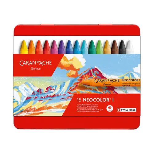 A 15-piece set of Caran d'Ache Neocolor 1 crayons in a red metal tin, featuring a colorful illustration of mountains on the front.