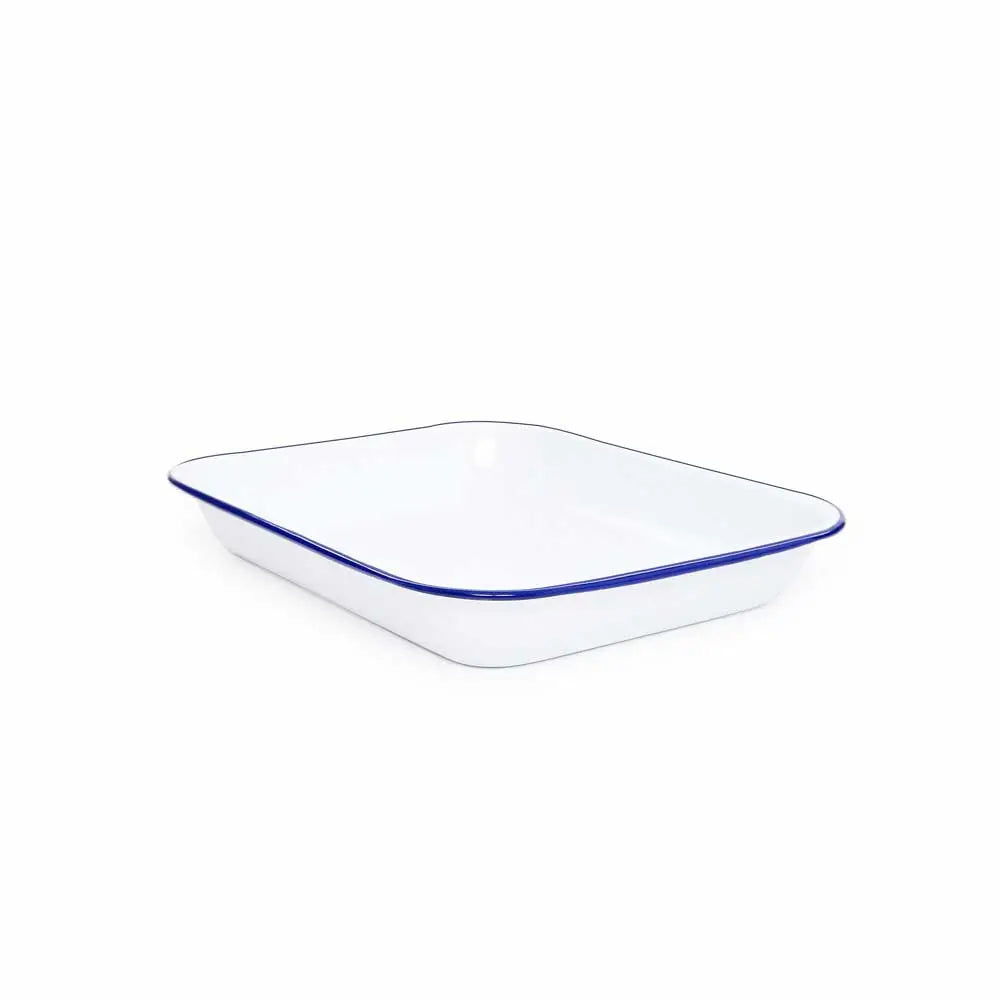 Rectangular enamel dish with blue rim on a white background