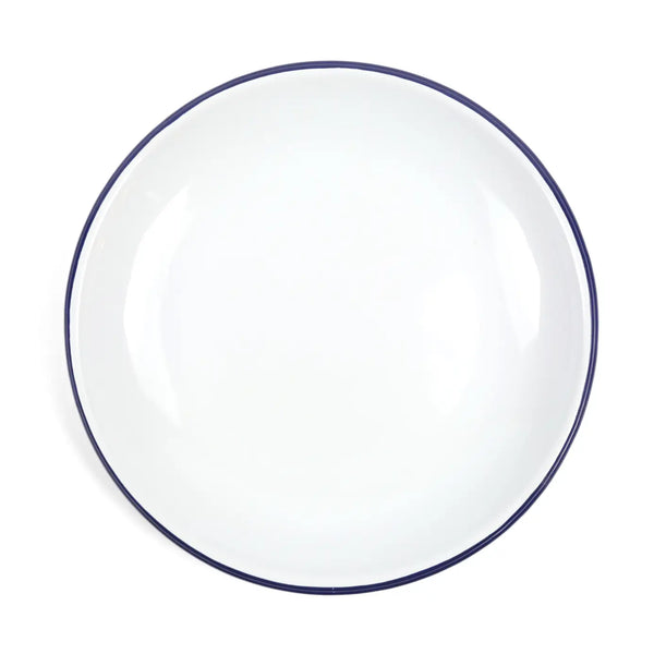 White plate with a blue rim on a white background