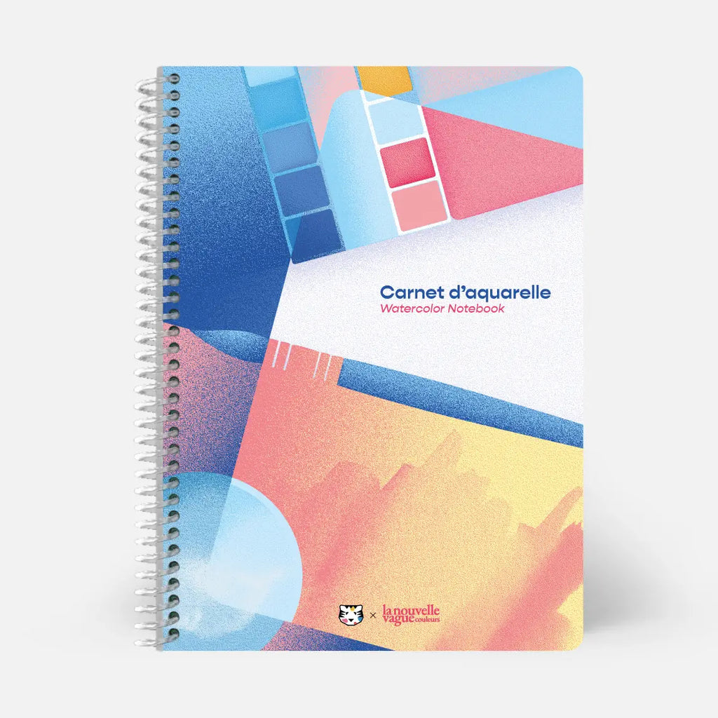 Colorful notebook with geometric design on a white background
