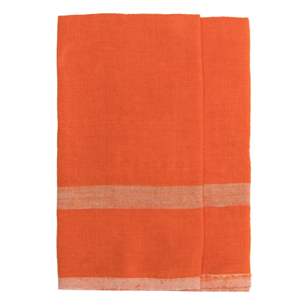 An orange woven tea towel, featuring a horizontal light beige stripe near the bottom edge, displayed flat against a white background.