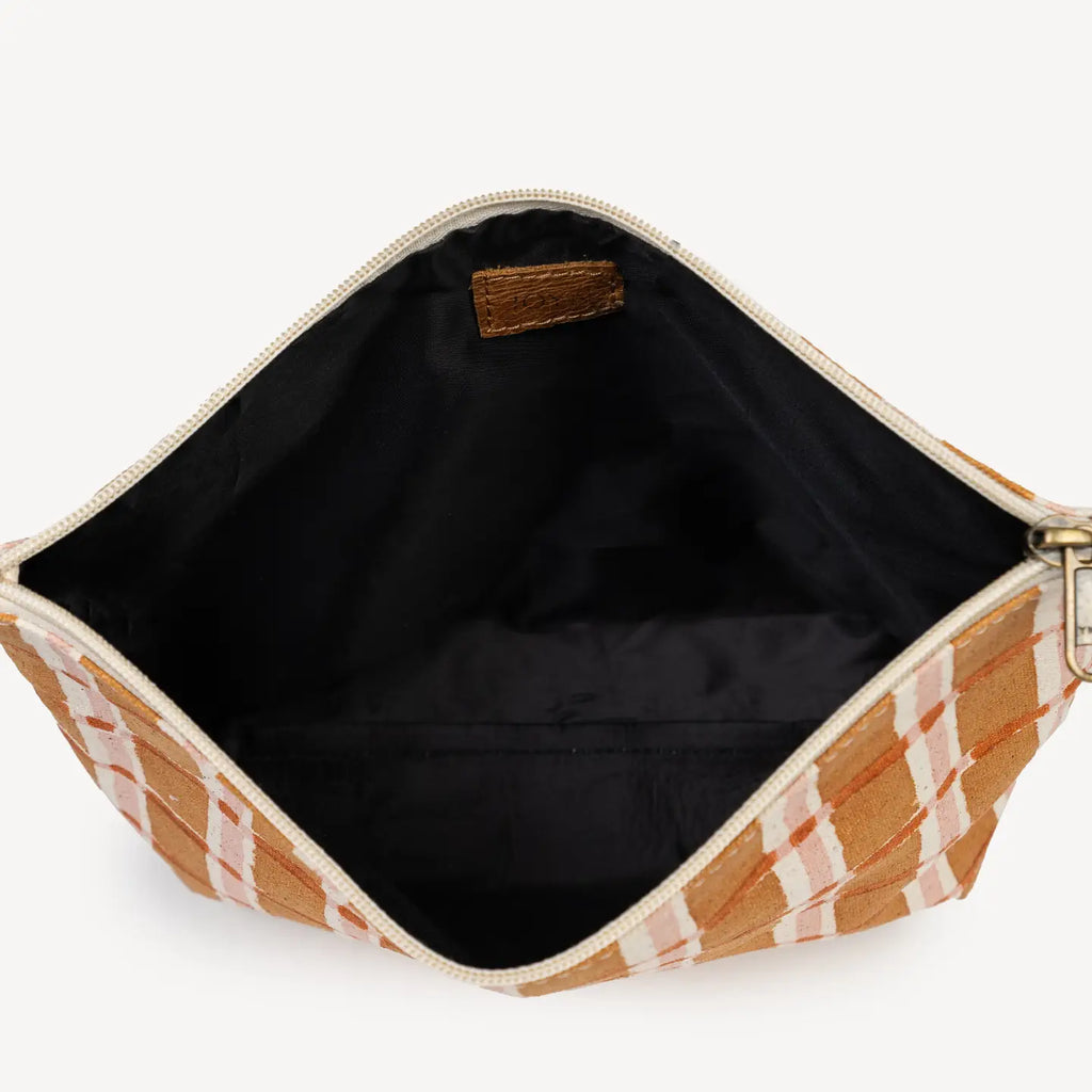 Open pouch with plaid pattern on a white background