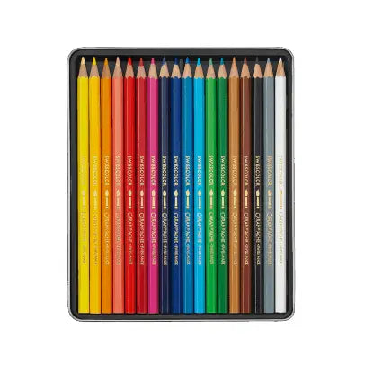 A set of 18 colored pencils arranged in a black metal tin, showcasing a full spectrum of colors from yellow and orange to green, blue, purple, brown, and gray, on a solid white background.