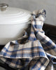 A plaid kitchen towel in blue, beige, and white draped over the side of a white enameled pot on a stovetop.