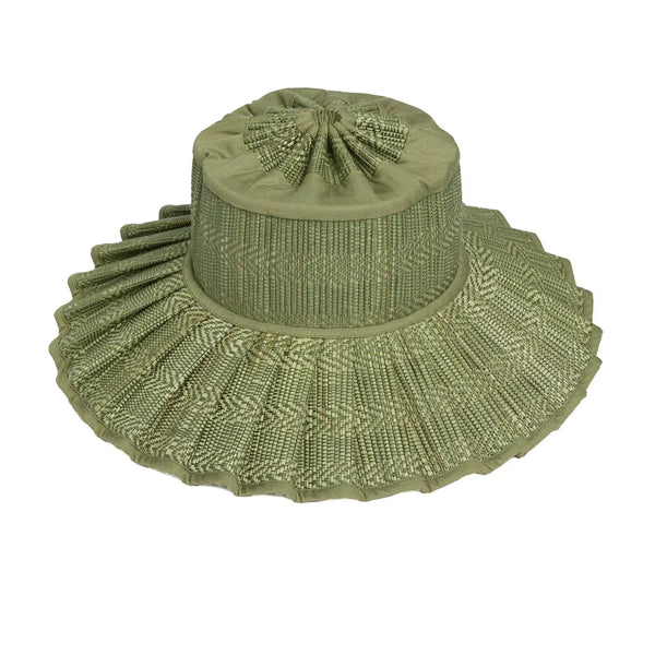 Green sun hat with decorative top on a white background