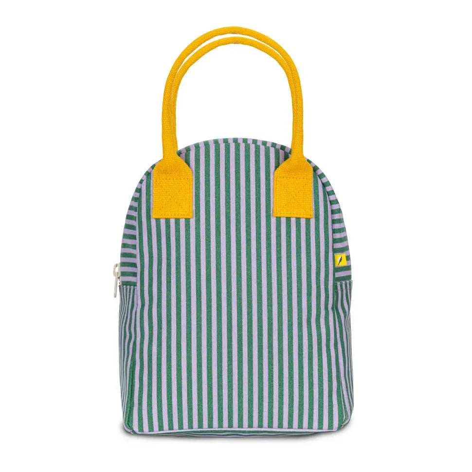 Blue and white striped bag with yellow handles on a white background