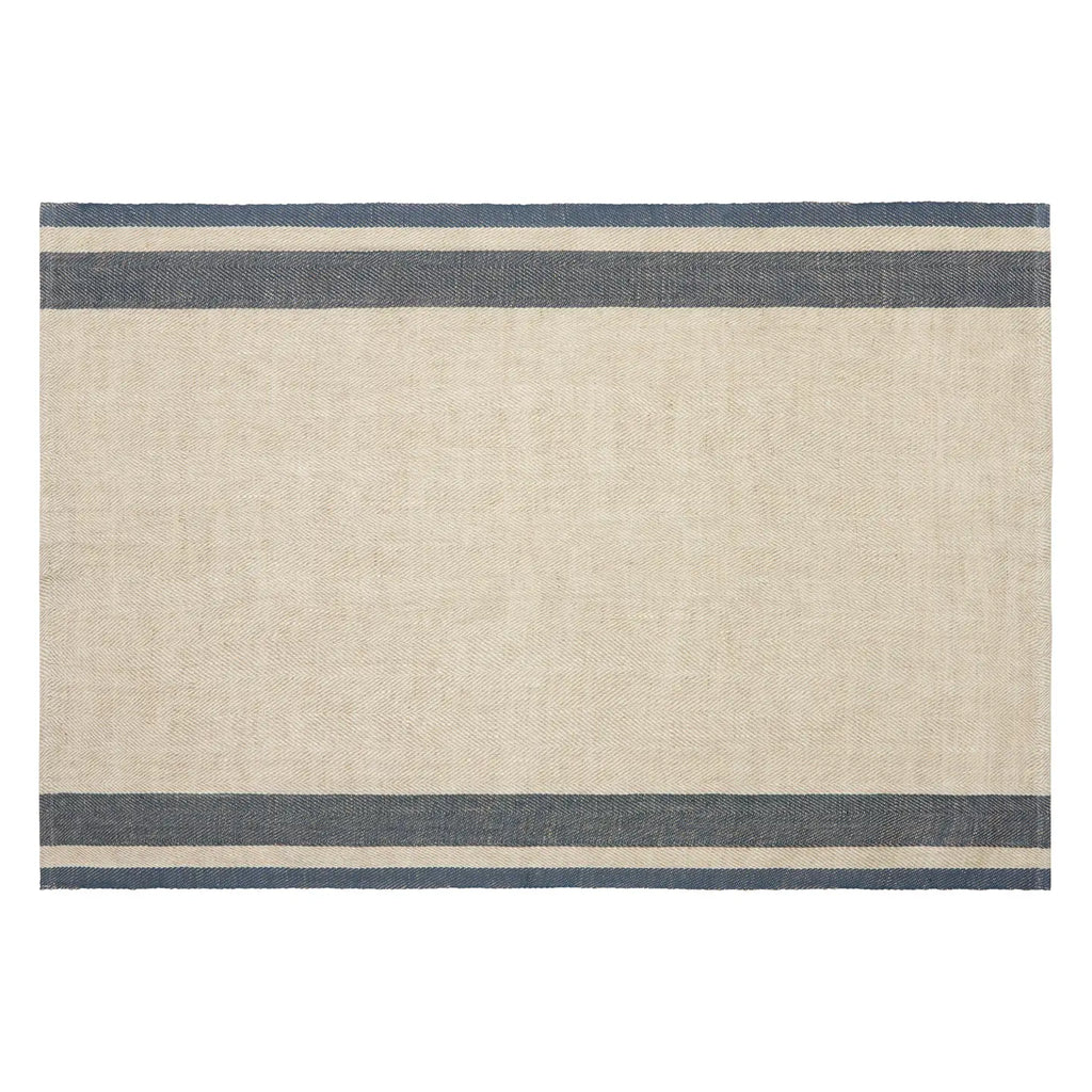 A rectangular woven tea towel in natural beige with two horizontal dark gray stripes near the top and bottom edges, shown flat against a white background.