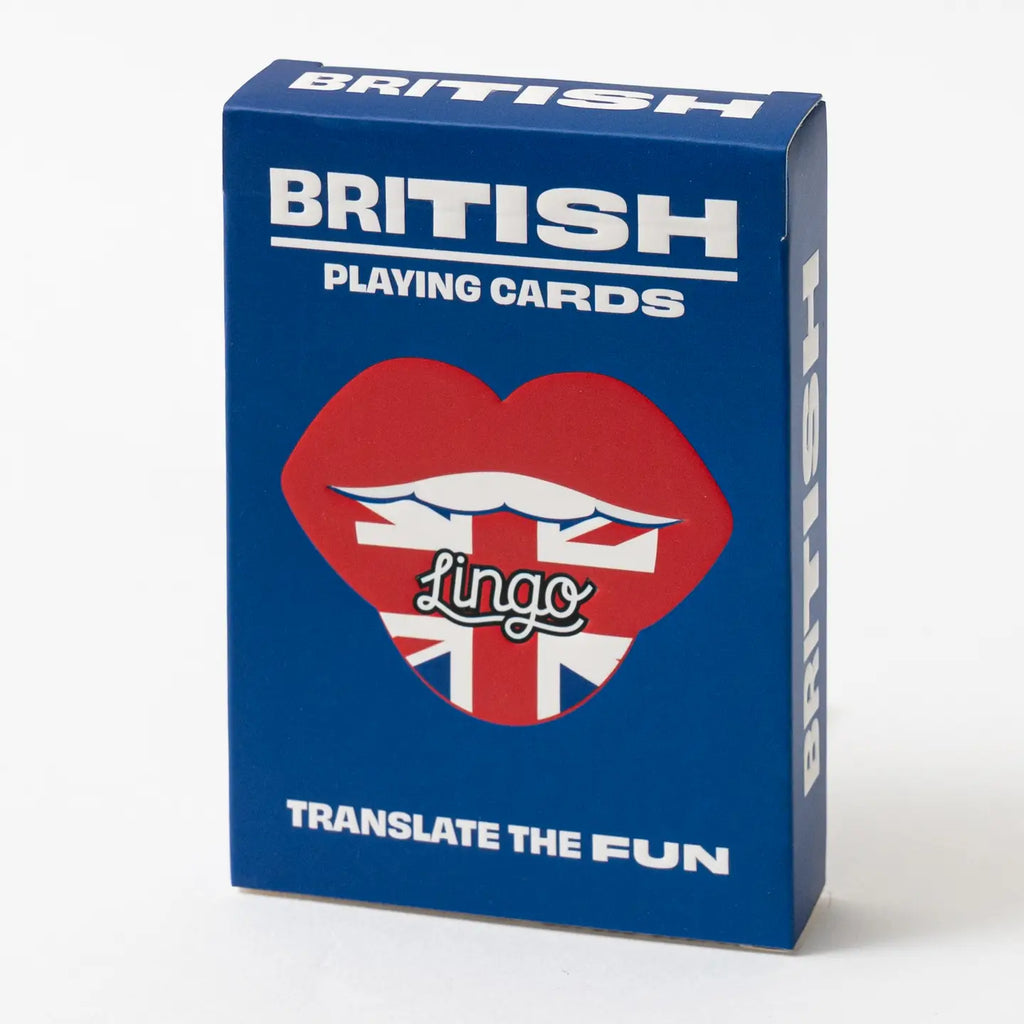 Blue box of British playing cards with a red heart and Union Jack design on a white background