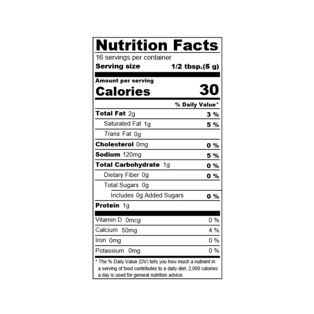Nutrition facts label for a product with serving size, calories, and various nutritional values.
