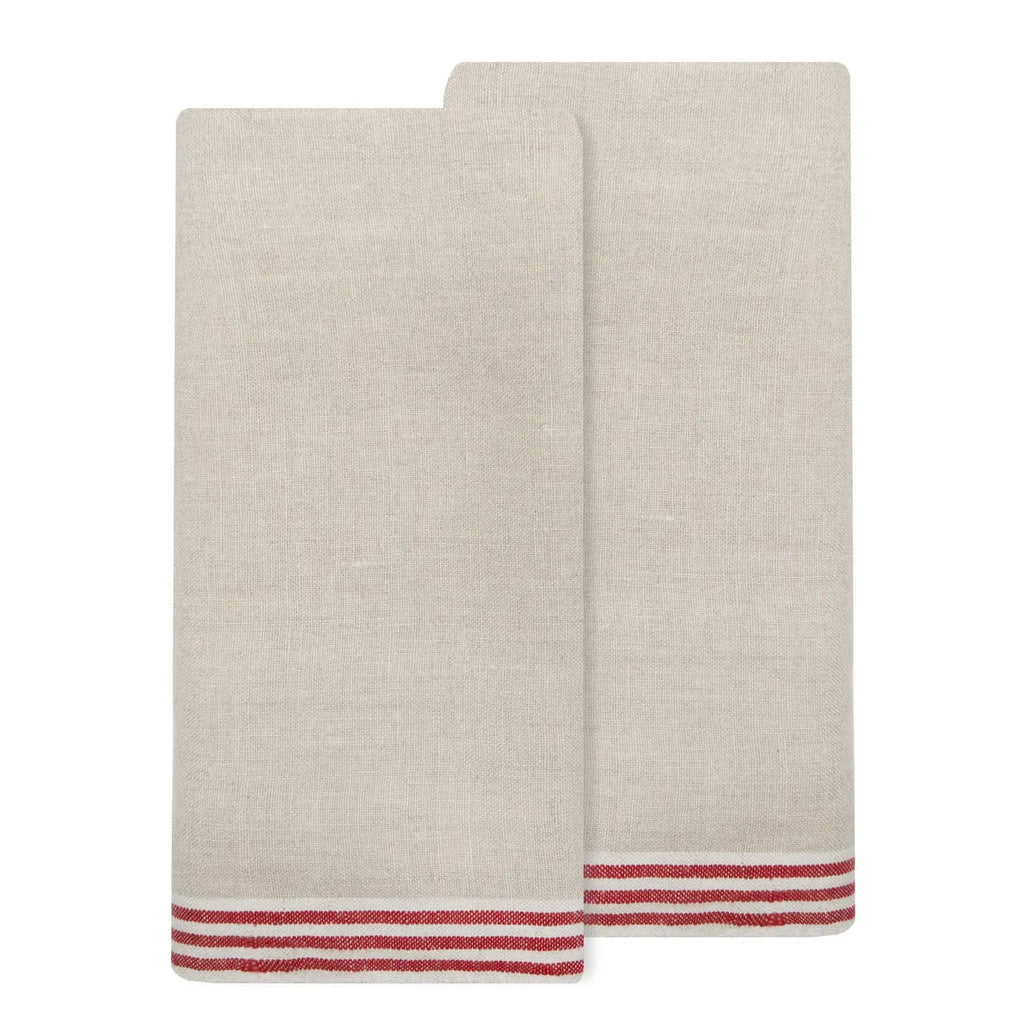 Two beige linen kitchen towels with red striped borders, stacked on a plain white background.