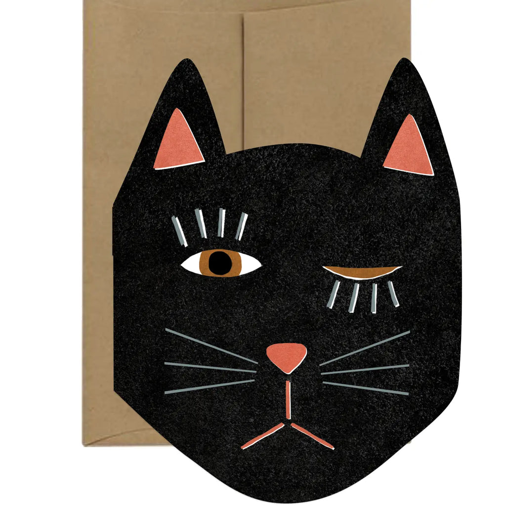 Black cat face card with a brown envelope on a white background