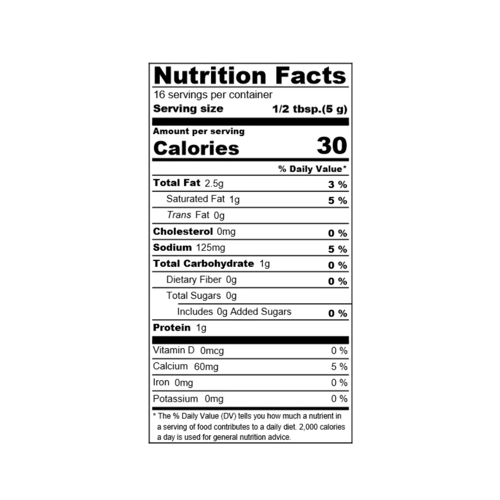 Nutrition facts label for a product with detailed calorie and ingredient information.