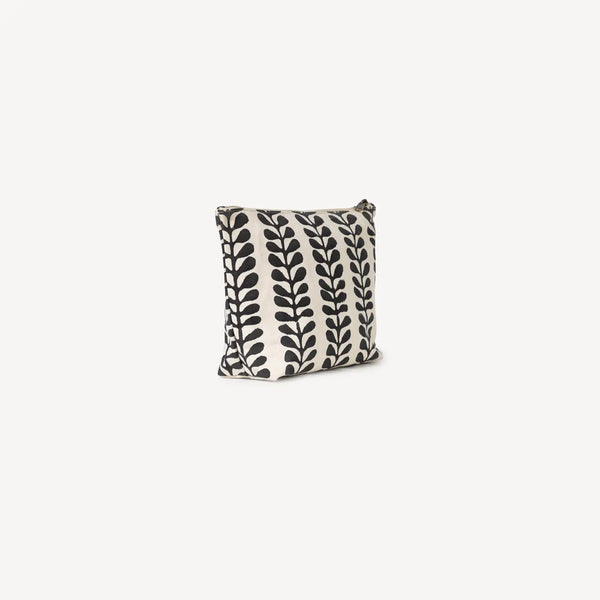 Pouch with black leaf pattern on a white background