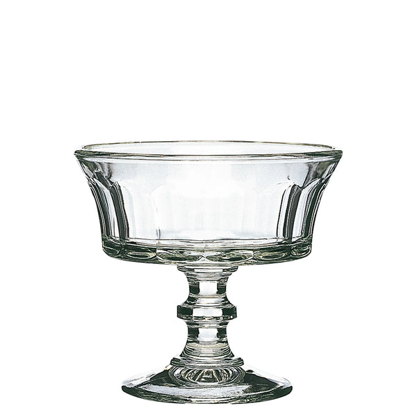 Clear glass footed bowl on a white background