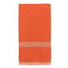 An orange linen tea towel featuring a horizontal light beige stripe near the bottom edge, shown against a plain white background.