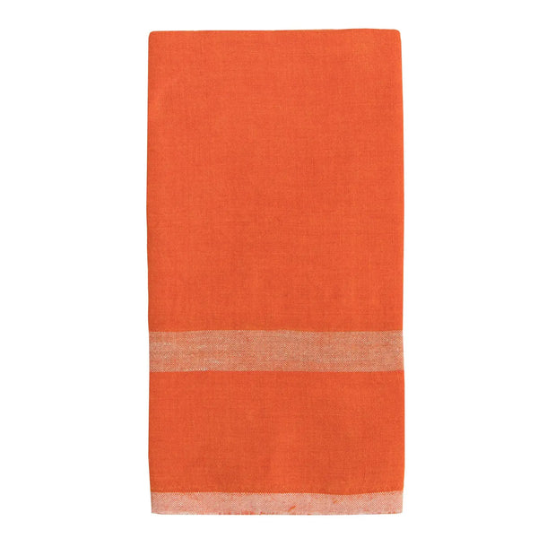 An orange linen tea towel featuring a horizontal light beige stripe near the bottom edge, shown against a plain white background.