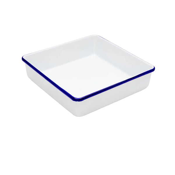 White rectangular dish with blue rim on a white background