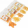 Packaged dried citrus strips with labels on a white background