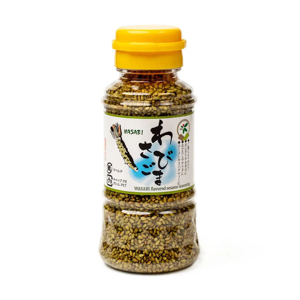 Bottle of wasabi-flavored sesame seeds with a yellow cap on a white background