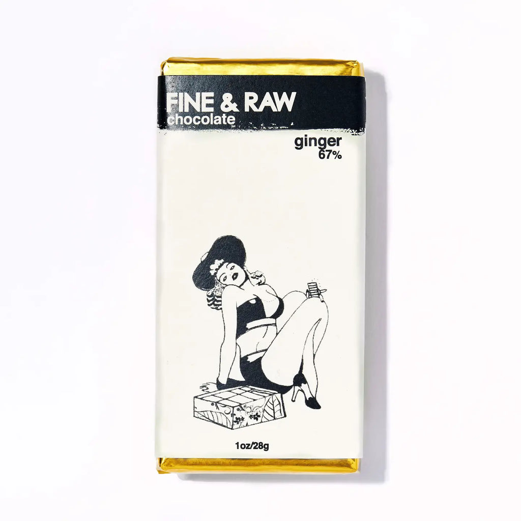 Fine & Raw chocolate bar packaging with a graphic design on a white background