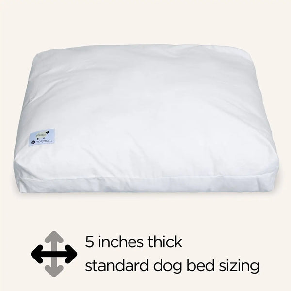 White dog bed with text indicating thickness and standard size on a white background