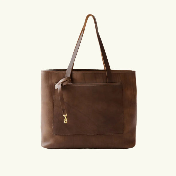 Brown leather tote bag with a gold clasp on a white background