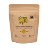 Kraft paper tea bag packaging with yuzu and roasted green tea label on a white background