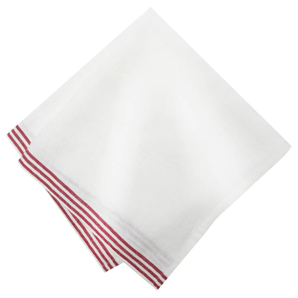A white cotton kitchen napkin with red stripes on the edges, folded diagonally on a white background.