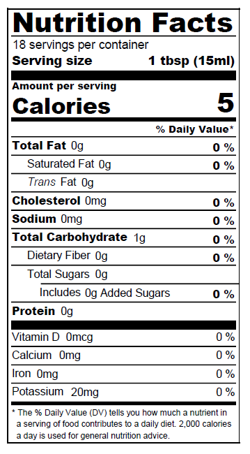 Nutrition facts label for a product with 5 calories per serving