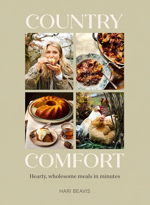 Book cover of 'Country Comfort' with images of food and a person eating.