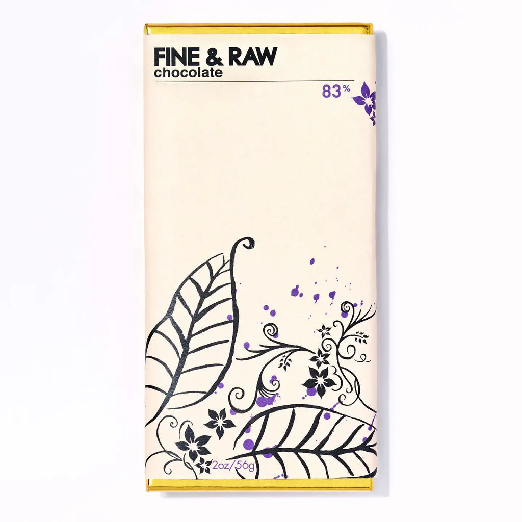 Fine & Raw chocolate bar packaging with decorative elements on a white background