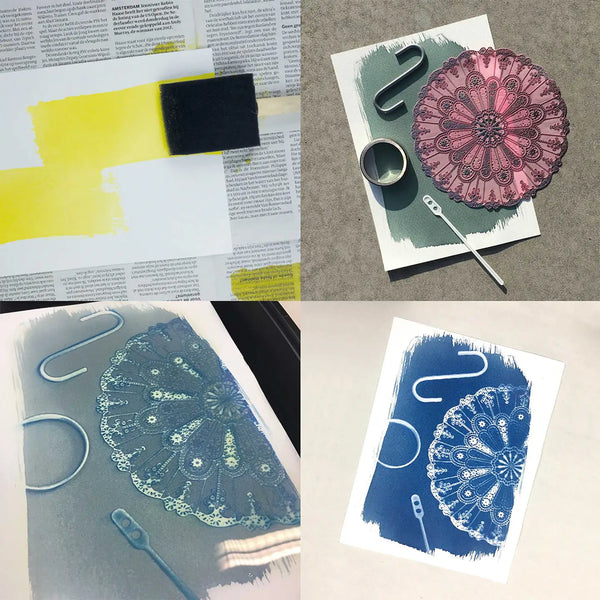 Collage of cyanotype prints on a light gray background