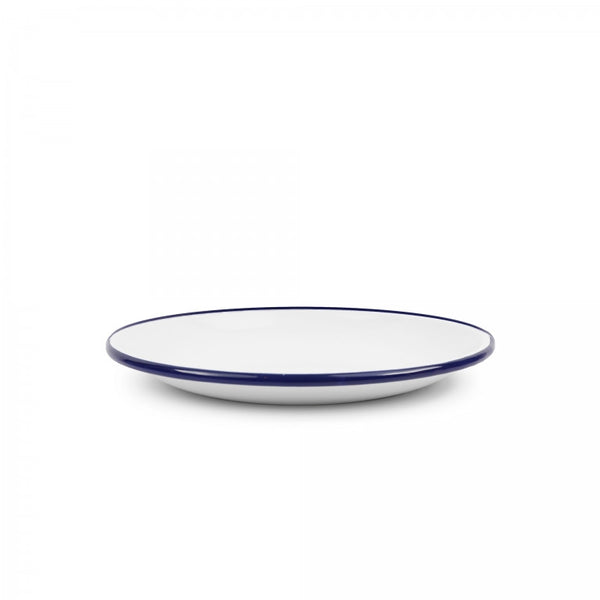 White plate with a blue rim on a white background