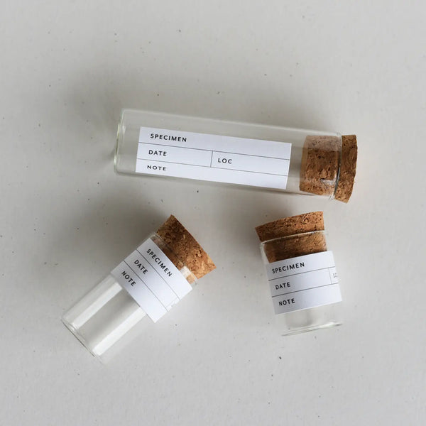 Three small glass vials with cork stoppers on a light gray background