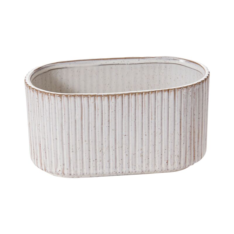 Oval ceramic planter with textured surface on a white background