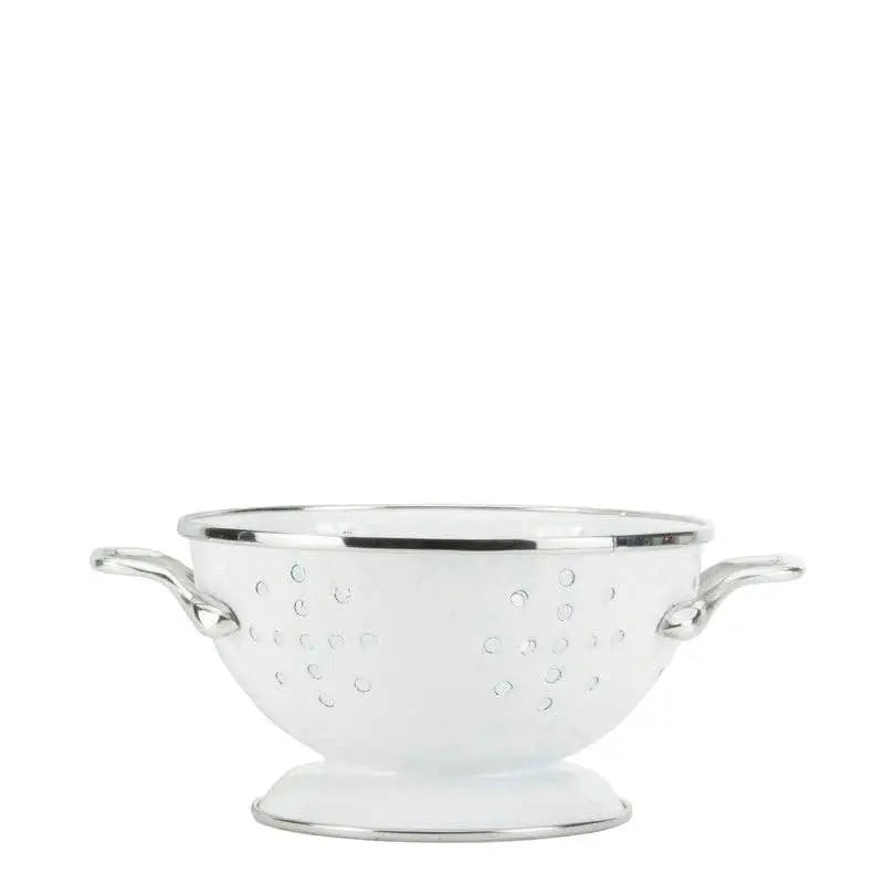 White colander with silver rim on a white background