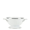 White colander with silver rim on a white background