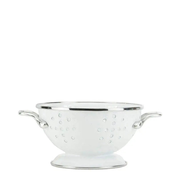 White colander with silver rim on a white background