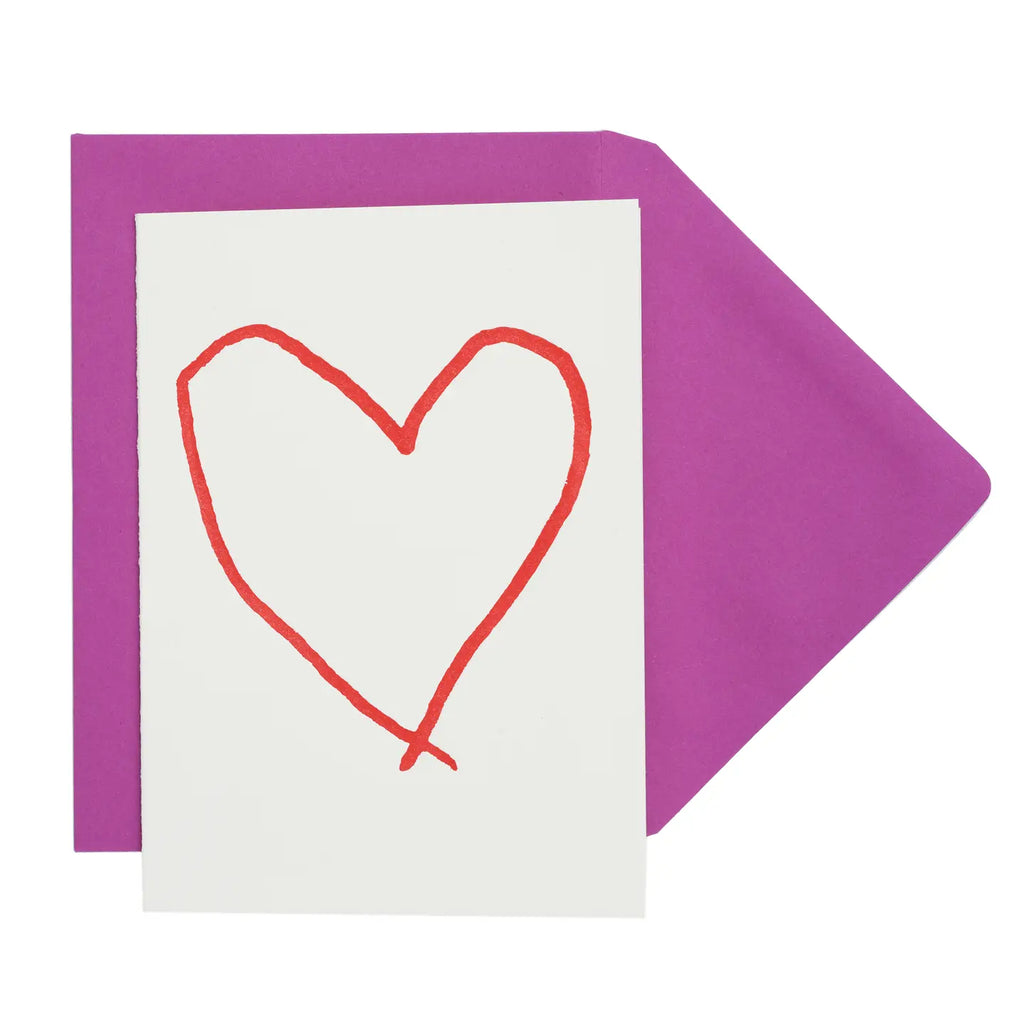 Card with a red heart drawing on a white background, accompanied by a purple envelope.