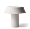 White table lamp with a cylindrical base and round shade on a white background