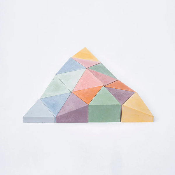Triangular puzzle made of interlocking pastel-colored triangles on a light gray background