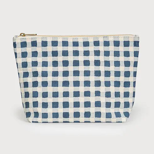 Blue and white checkered pouch on a light gray background
