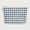 Blue and white checkered pouch on a light gray background