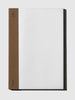 A notebook with a white page area and a textured brown spine band, photographed on a light gray background.