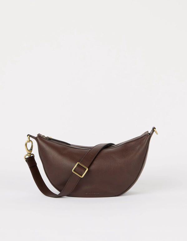 Brown leather handbag with a gold buckle on a white background
