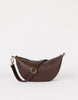 Brown leather handbag with a gold buckle on a white background