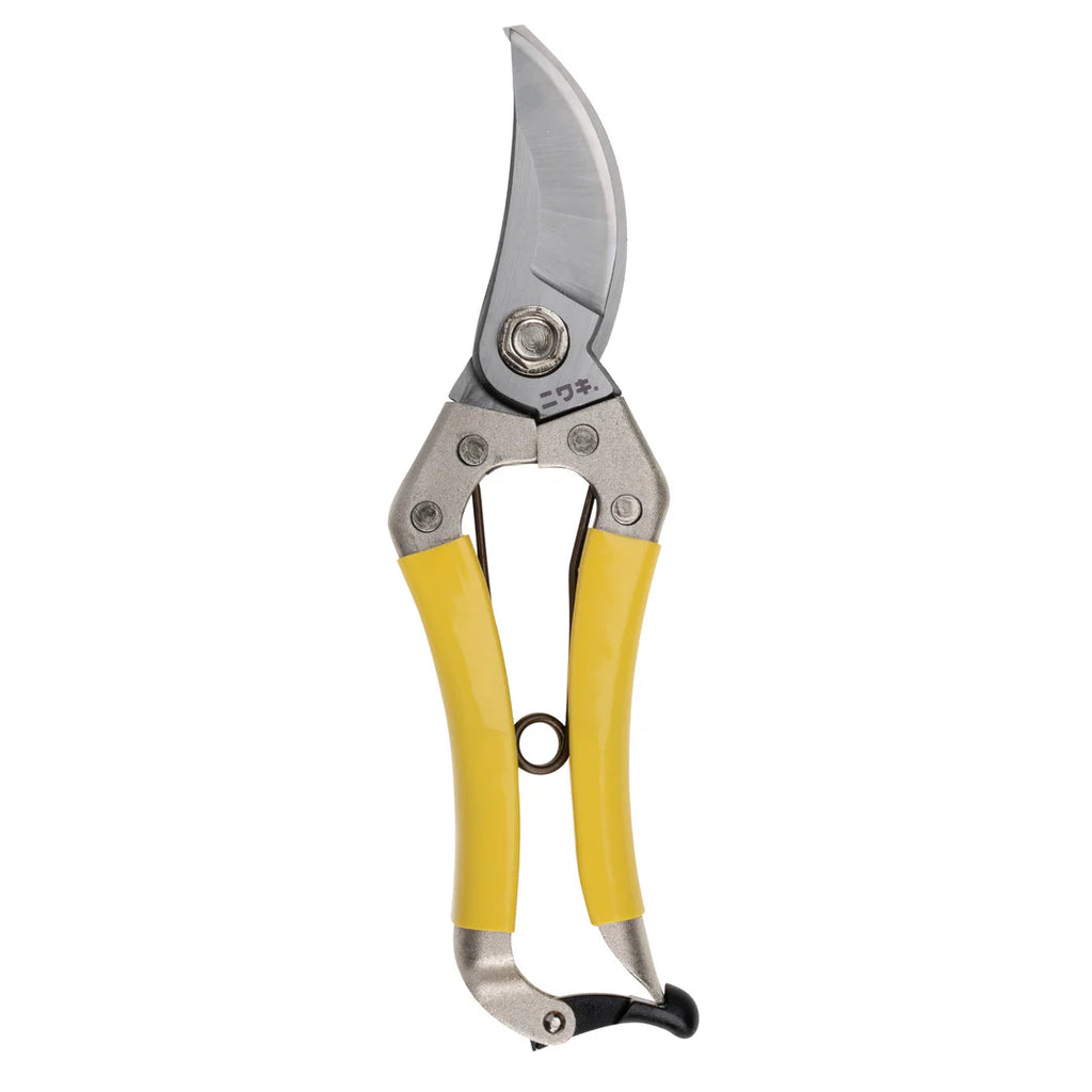 Gardening shears with yellow handles on a white background